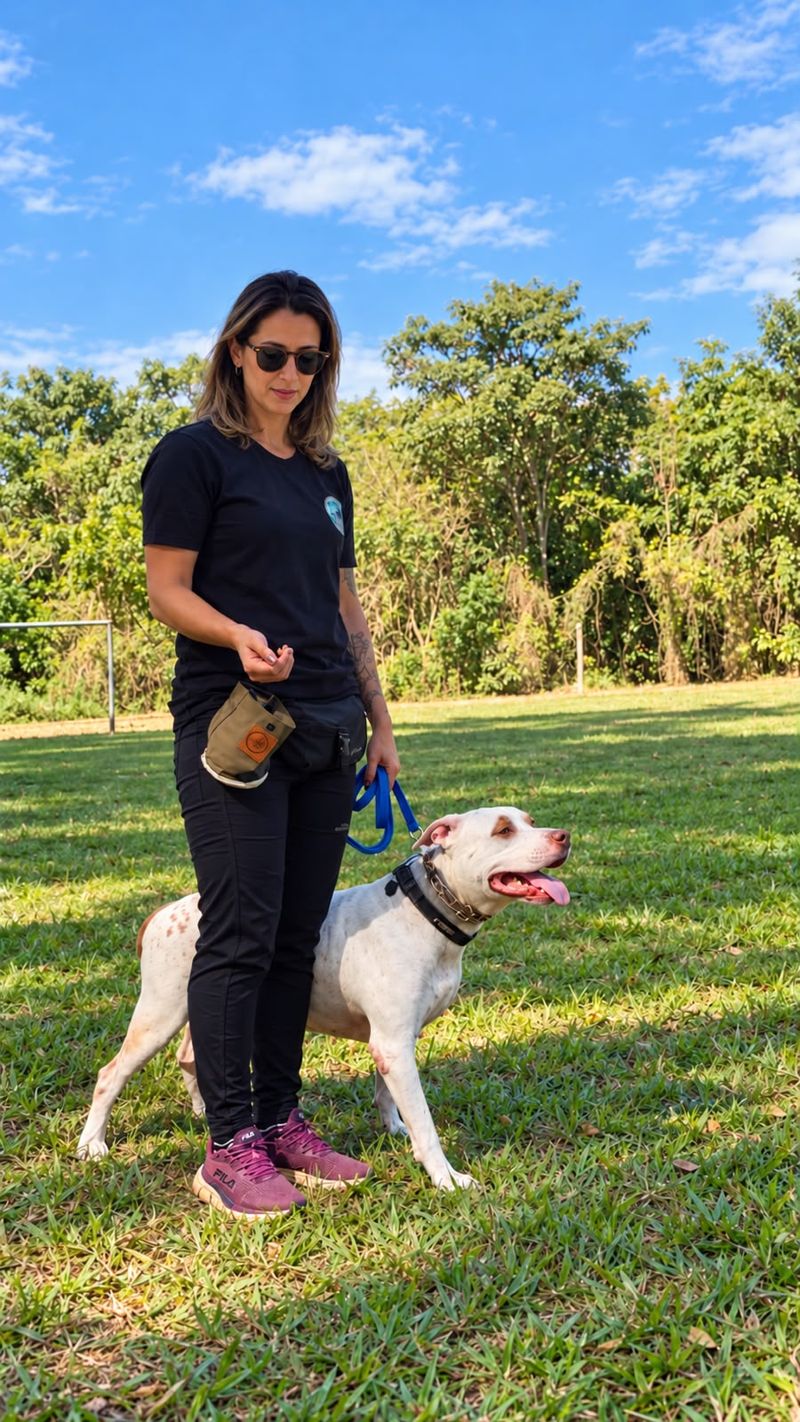 Tata Pereira conduzindo cão com segurança